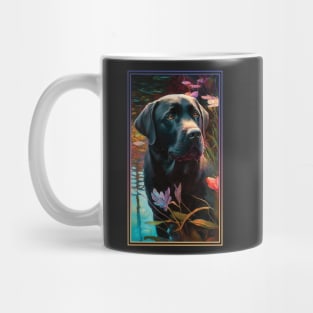 Black Labrador Retriever Dog Vibrant Tropical Flower Tall Digital Oil Painting Portrait Mug